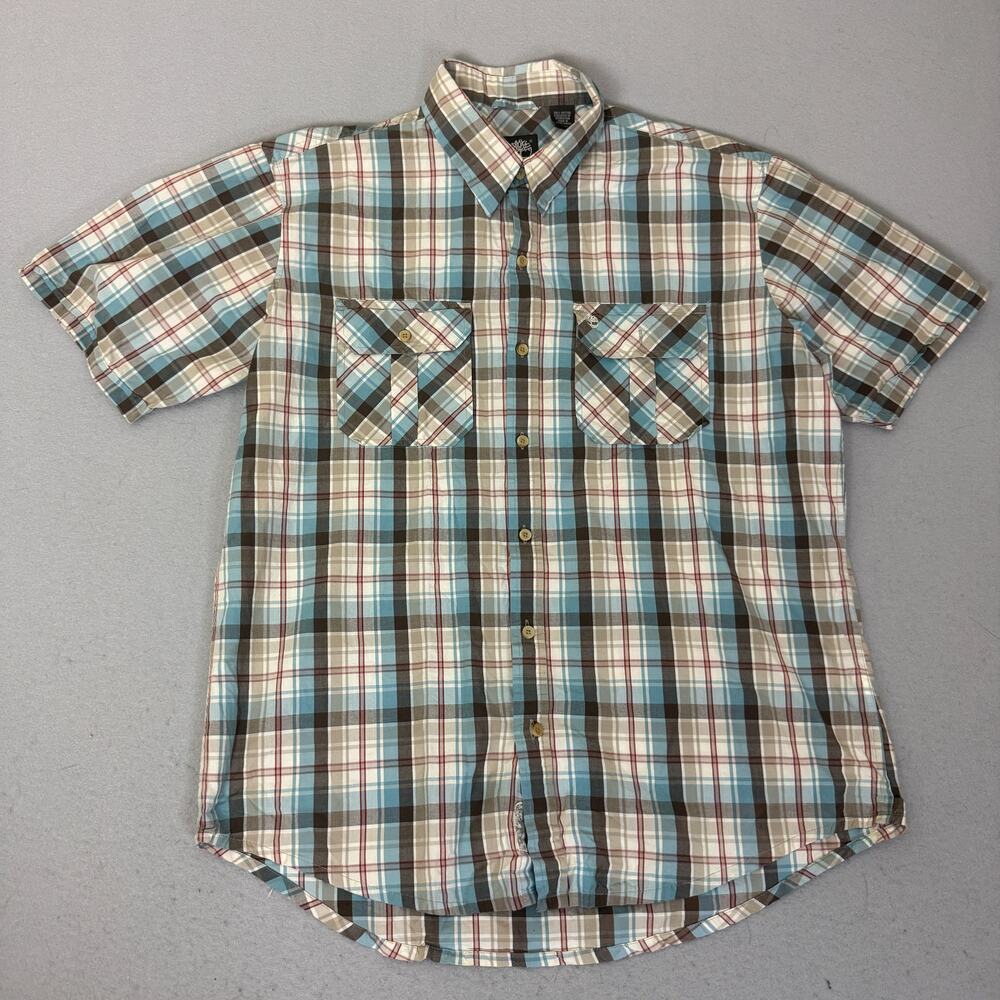 Timberland Plaid Button Up Shirt Mens Large Cotton Short Sleeve Blue Tan